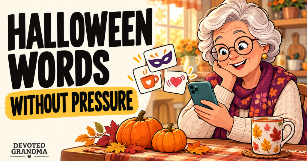 Illustrated grandmother writing a phone message in a warm autumn kitchen beside small pumpkins, with the headline “9 Halloween Texts Without Pressure.”