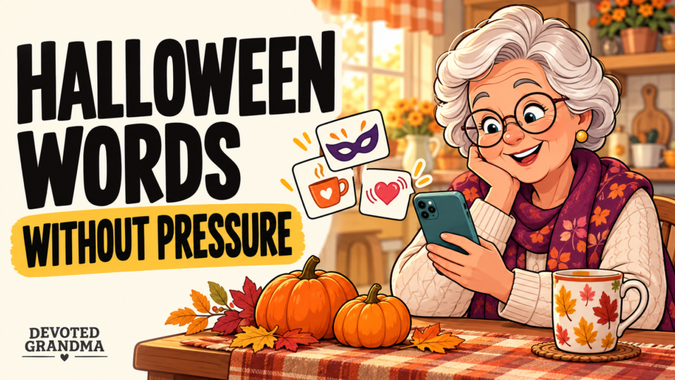 Illustrated grandmother writing a phone message in a warm autumn kitchen beside small pumpkins, with the headline “9 Halloween Texts Without Pressure.”