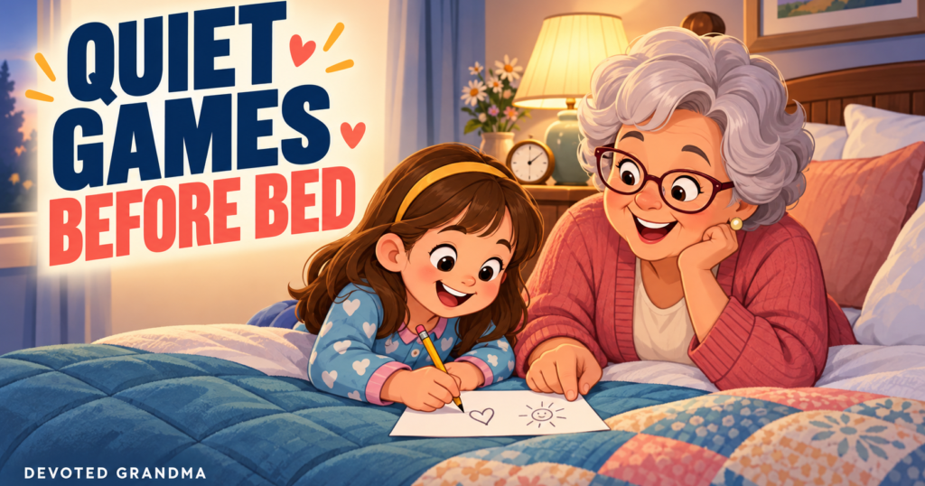 Grandmother and grandchild quietly draw together beside a warmly lit bed beneath the headline “Bored Before Bed? 11 No-Prep Games.”
