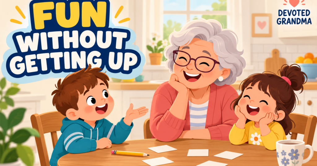 Grandmother and two grandkids laugh together over a no-prep seated game at a warm kitchen table beneath the headline “Fun Without Getting Up.”