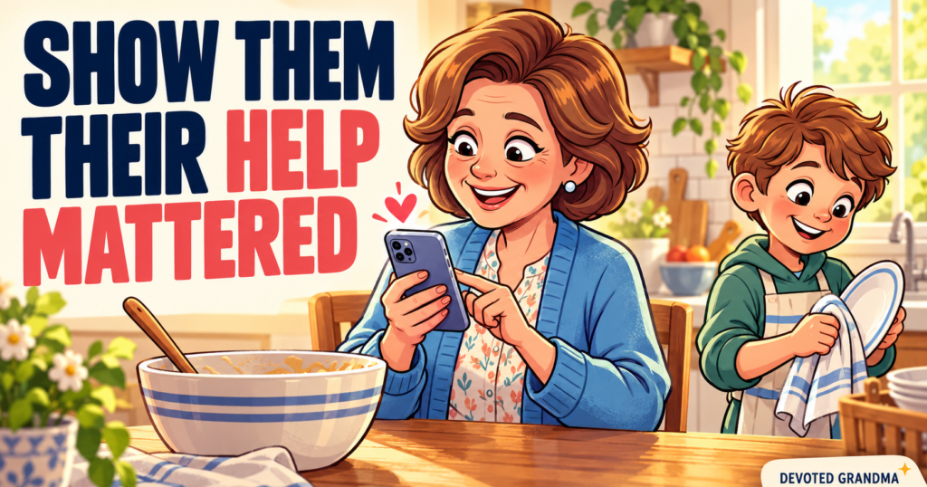 Grandmother writes a thank-you message on her phone while her grandchild helps tidy after a shared kitchen task, beneath the headline “Show Them Their Help M Мм