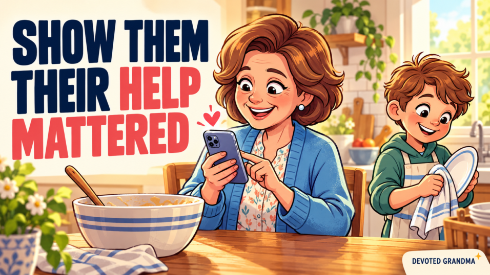 Grandmother writes a thank-you message on her phone while her grandchild helps tidy after a shared kitchen task, beneath the headline “Show Them Their Help M Мм