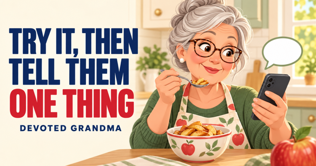 Grandmother tastes an apple recipe while preparing a short phone reply beside the headline “Try It, Then Tell Them One Thing.”