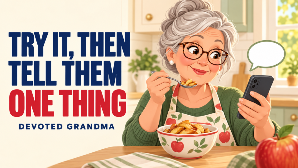 Grandmother tastes an apple recipe while preparing a short phone reply beside the headline “Try It, Then Tell Them One Thing.”