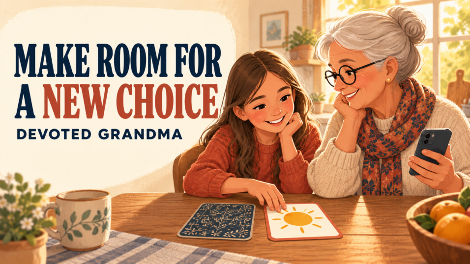 Grandmother calmly accepts an older grandchild’s newly selected ordinary choice at a warm kitchen table beside the headline “Make Room for a New Choice.”