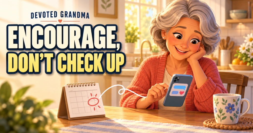 Grandmother beginning an encouraging phone message beside a calendar note marked TRYOUT, with the headline “ENCOURAGE, DON’T CHECK UP.”