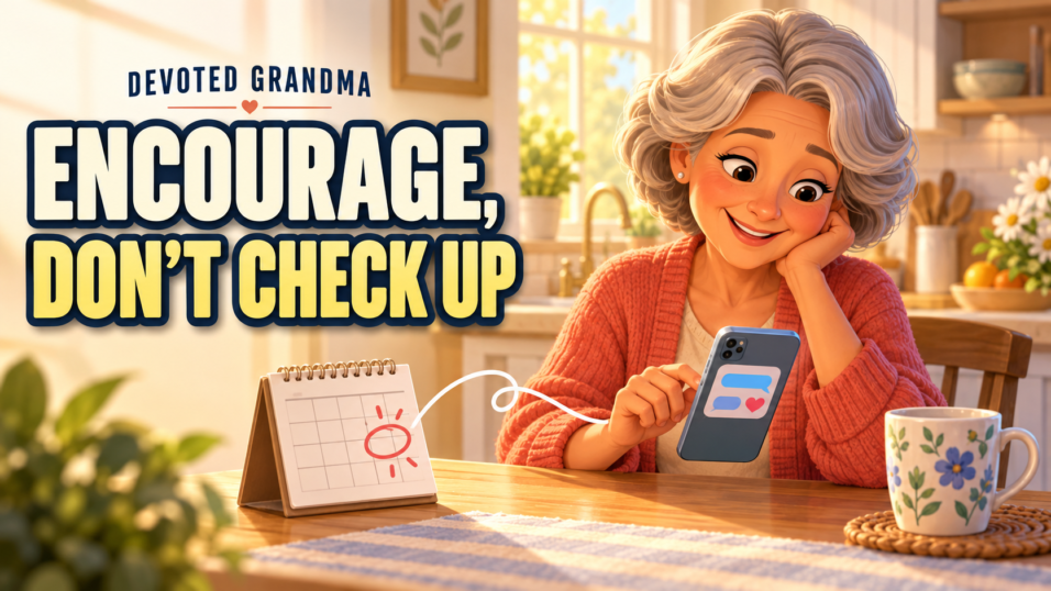 Grandmother beginning an encouraging phone message beside a calendar note marked TRYOUT, with the headline “ENCOURAGE, DON’T CHECK UP.”