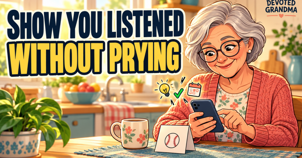 Grandmother smiling as she begins a phone message beside a reminder card with a ball doodle, under the headline “Show You Listened Without Prying.”