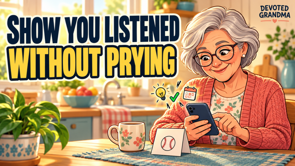 Grandmother smiling as she begins a phone message beside a reminder card with a ball doodle, under the headline “Show You Listened Without Prying.”