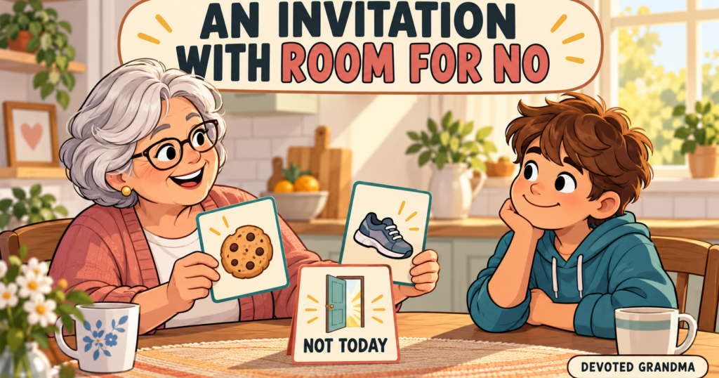 A grandmother warmly offers her grandchild two activity choices and a clear not-today option beneath the headline “An Invitation With Room for No.”