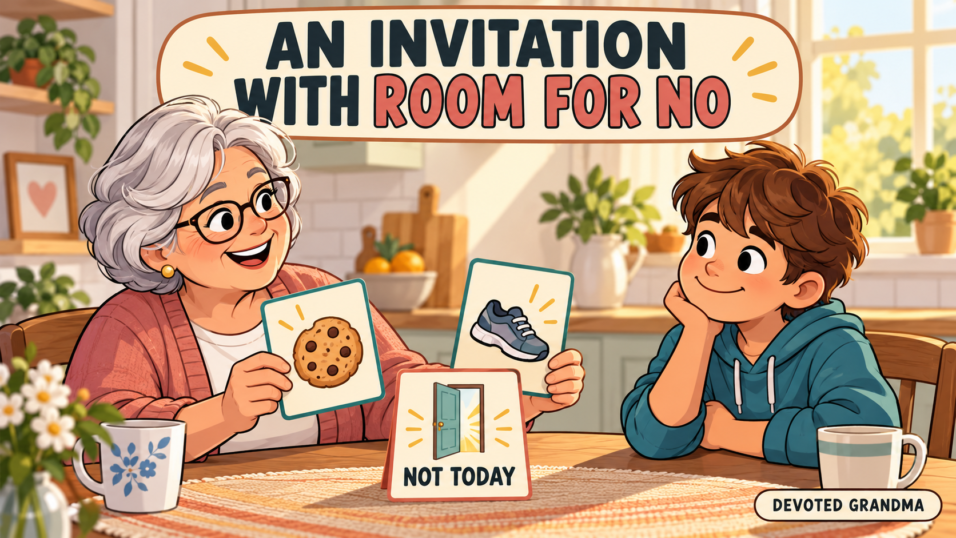 A grandmother warmly offers her grandchild two activity choices and a clear not-today option beneath the headline “An Invitation With Room for No.”
