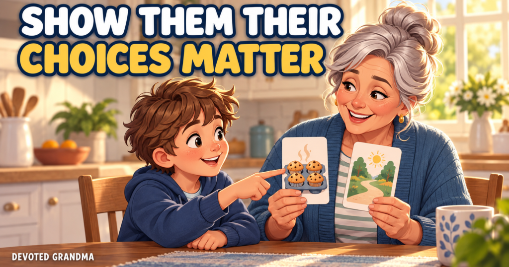 A grandmother listens at a warm kitchen table as her grandchild chooses between cards showing baking and a walk, beneath the headline “9 Small Ways to Show Your