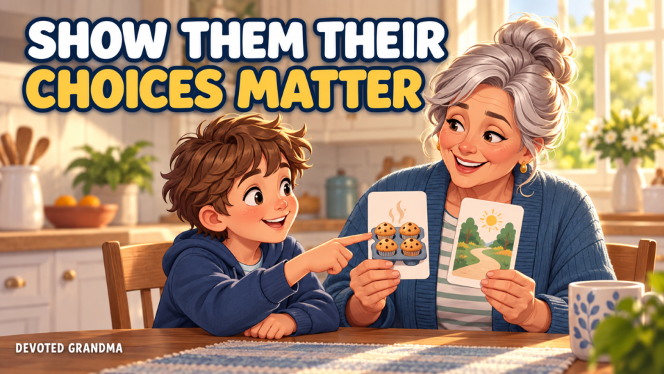 A grandmother listens at a warm kitchen table as her grandchild chooses between cards showing baking and a walk, beneath the headline “9 Small Ways to Show Your