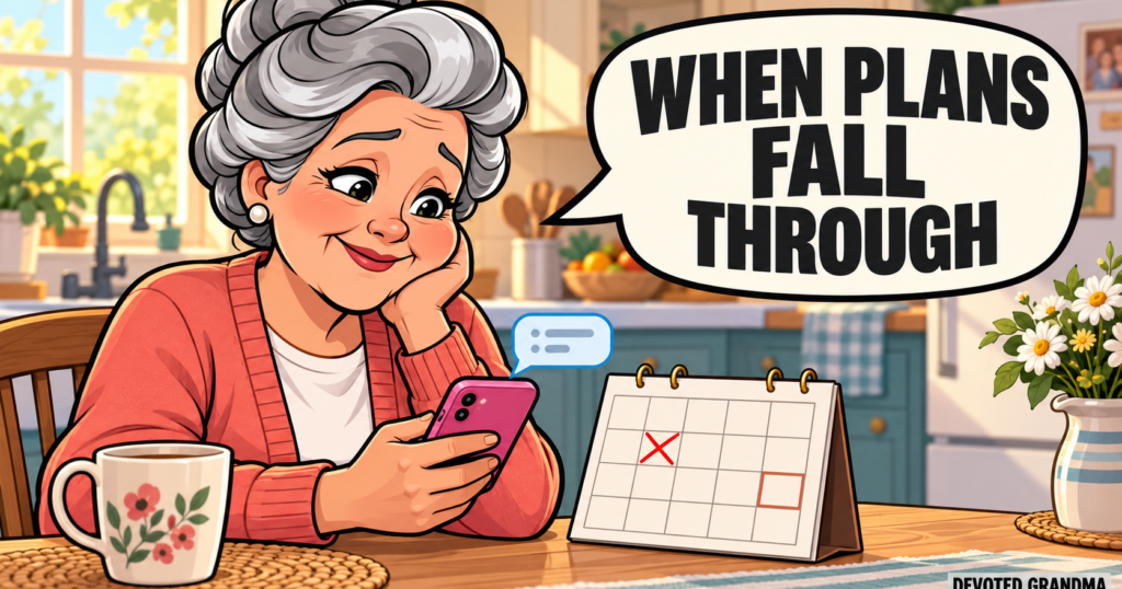 A grandmother calmly writes a text at her kitchen table beside a calendar with a canceled visit, under the headline “When Plans Fall Through.”