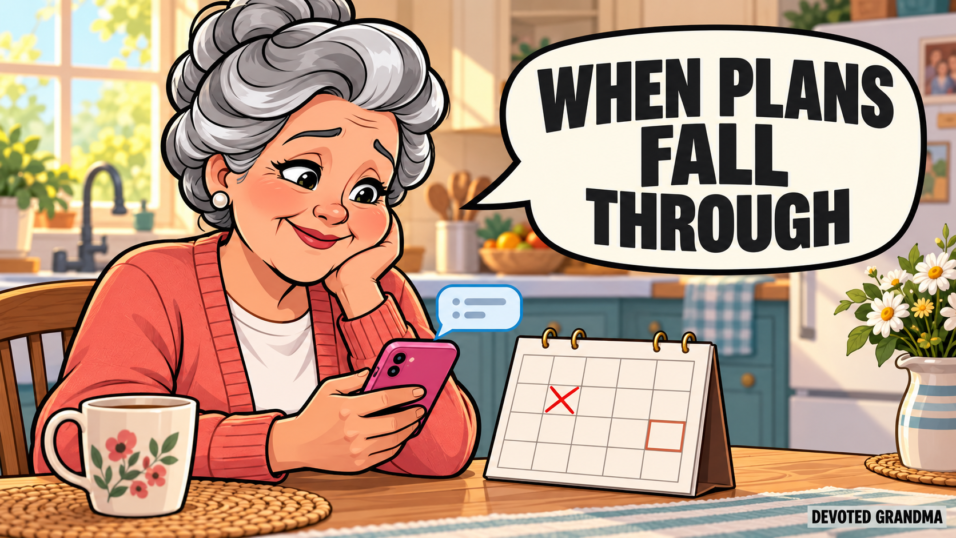 A grandmother calmly writes a text at her kitchen table beside a calendar with a canceled visit, under the headline “When Plans Fall Through.”