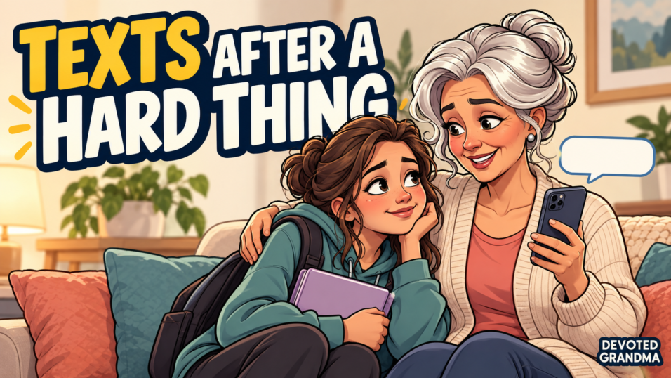 Illustrated grandmother composing a supportive text beside her tired grandchild, with the headline “12 Texts After a Hard Thing” and a message bubble saying “No