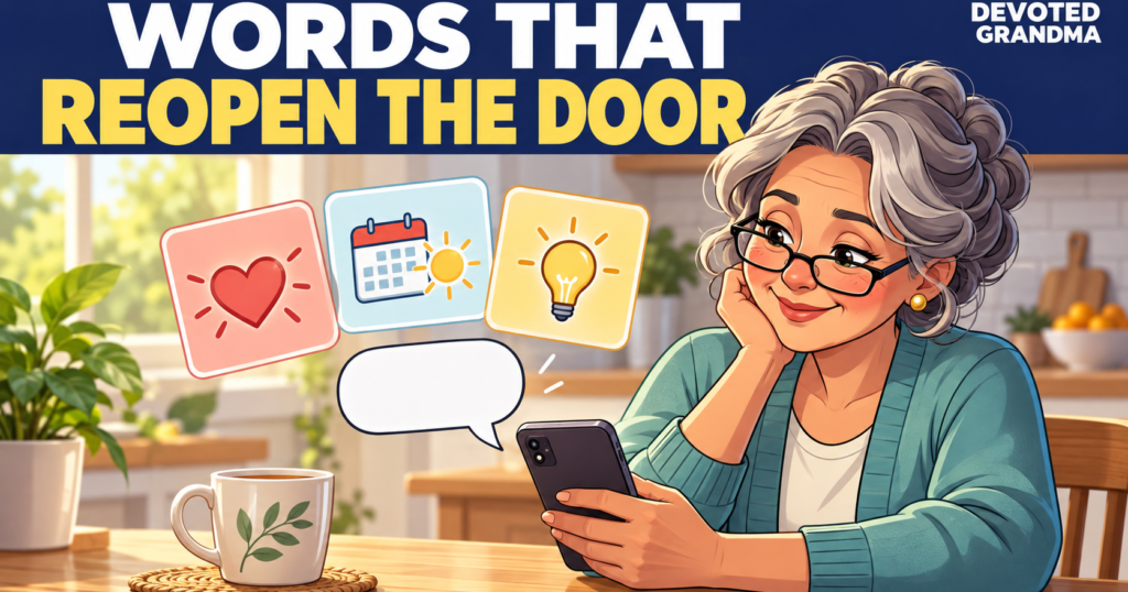 A grandmother calmly writes a text at a sunny kitchen table beside cards labeled Tone, Plans, and Advice, under the headline “10 Texts to Reopen the Door.”