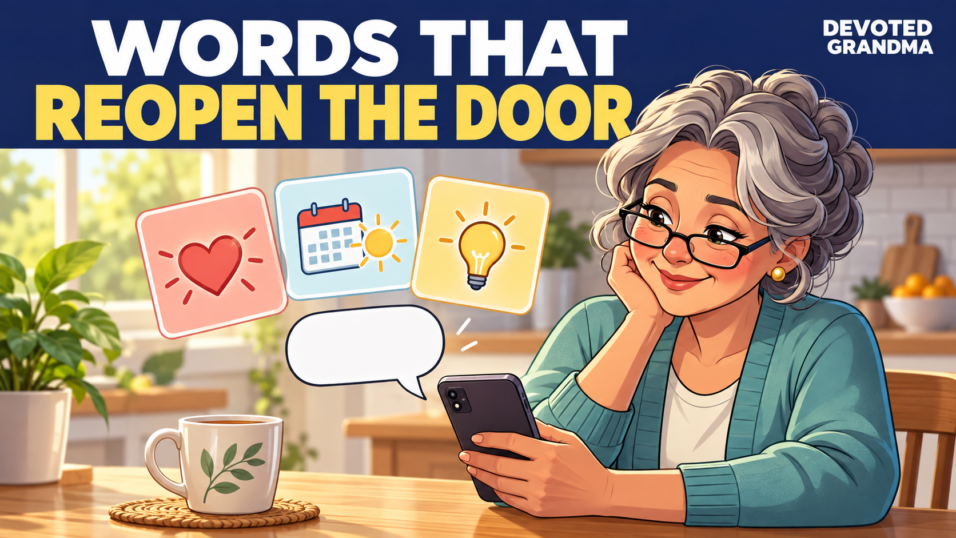 A grandmother calmly writes a text at a sunny kitchen table beside cards labeled Tone, Plans, and Advice, under the headline “10 Texts to Reopen the Door.”