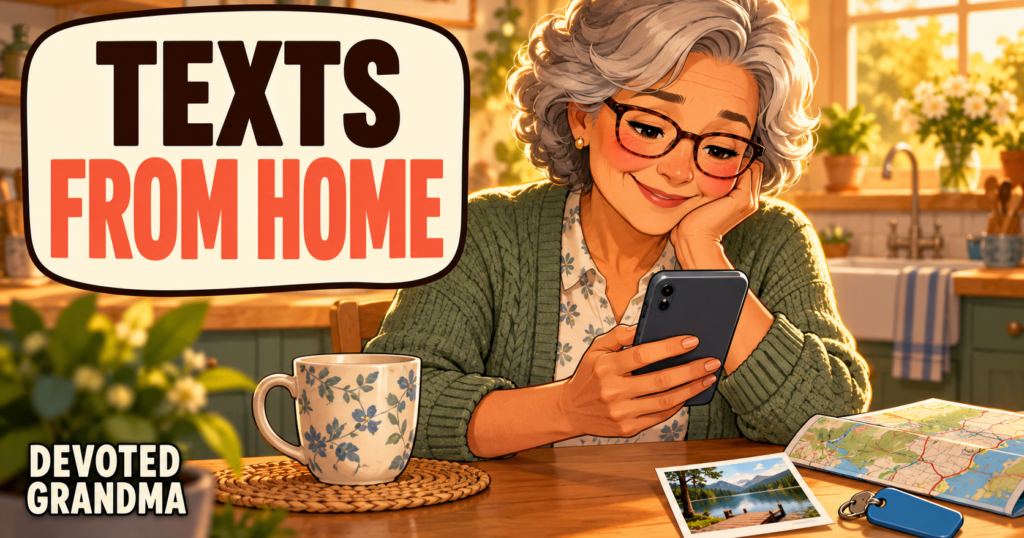 Warm illustration of a grandmother composing a phone message beside a folded map and dorm key, with the headline “10 Texts From Home.”