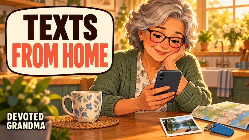 Warm illustration of a grandmother composing a phone message beside a folded map and dorm key, with the headline “10 Texts From Home.”