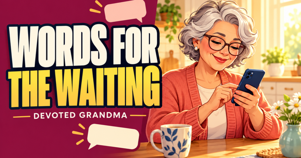 A grandmother thoughtfully composes a phone message at a warm kitchen table beside the headline “9 Texts for the Waiting” and the Devoted Grandma wordmark.