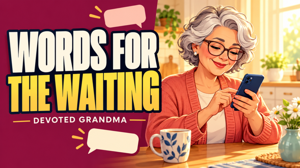 A grandmother thoughtfully composes a phone message at a warm kitchen table beside the headline “9 Texts for the Waiting” and the Devoted Grandma wordmark.