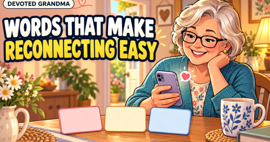 Warm illustration of a grandmother writing a phone message beside three chooser cards, with the headline “10 Texts to Reconnect—No Pressure” and the Devoted Gr