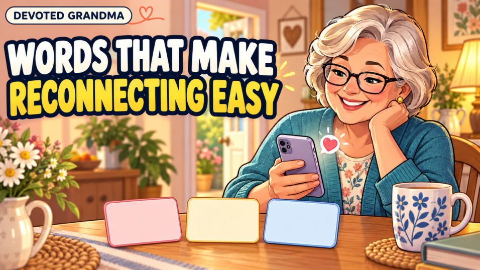 Warm illustration of a grandmother writing a phone message beside three chooser cards, with the headline “10 Texts to Reconnect—No Pressure” and the Devoted Gr