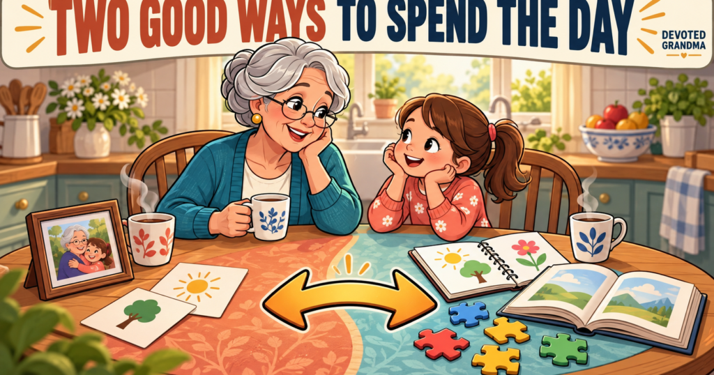 A grandmother and grandchild sit at a kitchen table with two equally inviting choices: conversation and photos on one side, quiet books, drawing, and a puzzle—