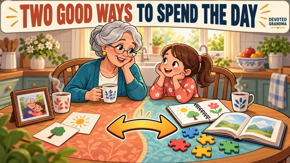 A grandmother and grandchild sit at a kitchen table with two equally inviting choices: conversation and photos on one side, quiet books, drawing, and a puzzle—