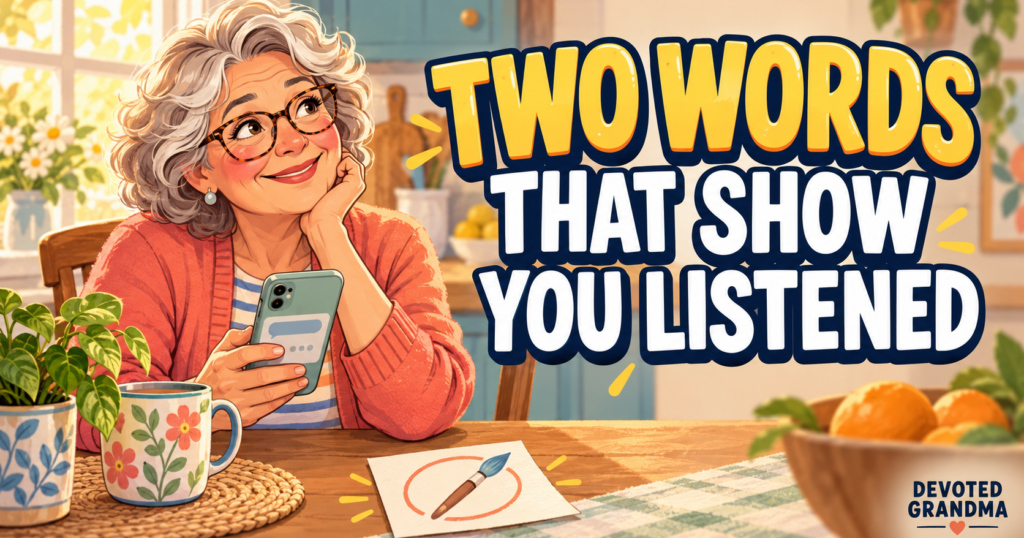 A grandmother begins a thoughtful phone message beside a small note marked with a circled paintbrush sketch, under the headline “Two Words That Show You ListENe