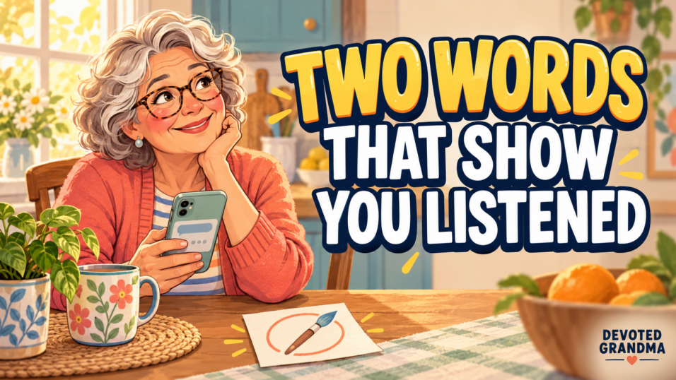 A grandmother begins a thoughtful phone message beside a small note marked with a circled paintbrush sketch, under the headline “Two Words That Show You ListENe